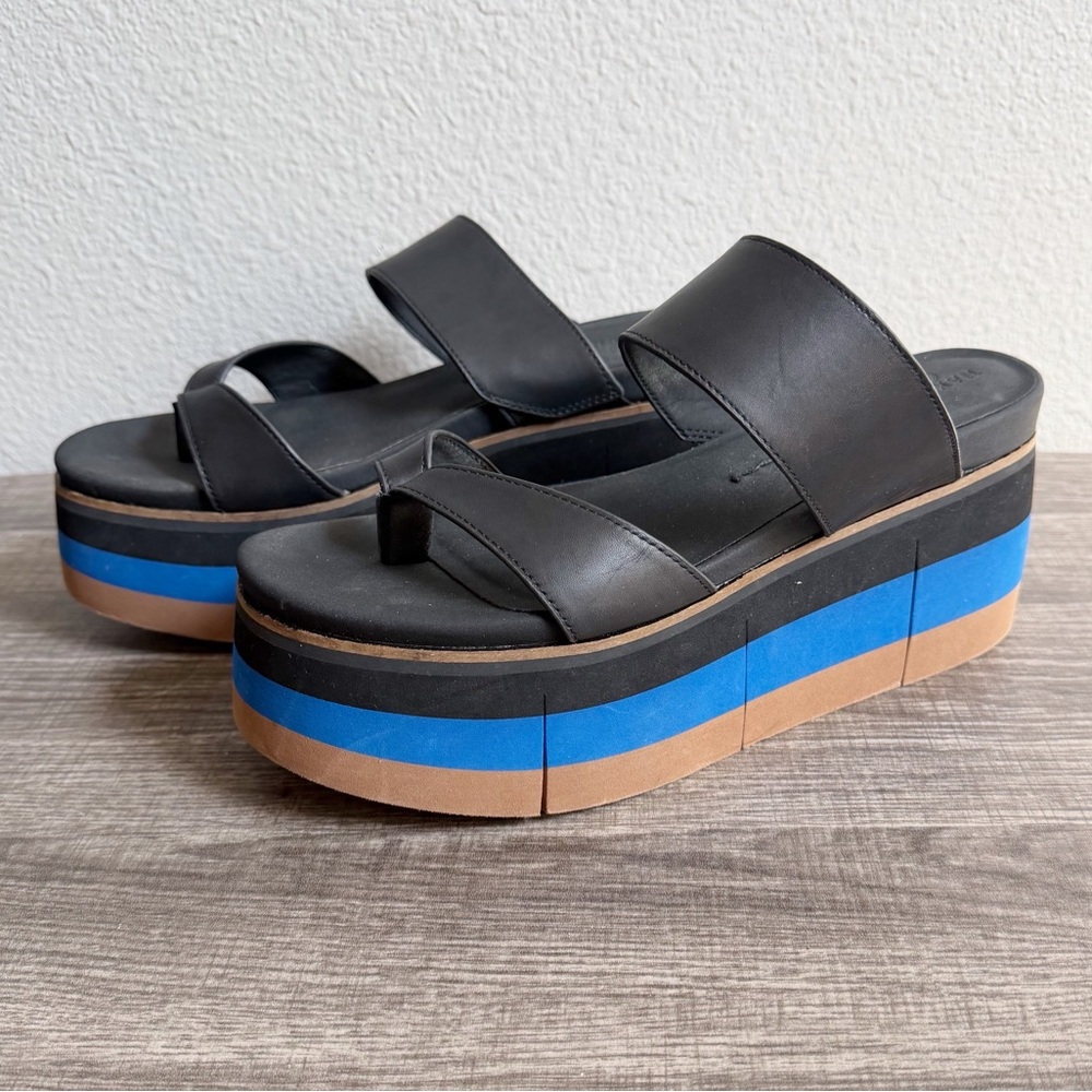 Naked Feet Flux Black Blue Platform Thong Sandal Leather Women’s Size 10